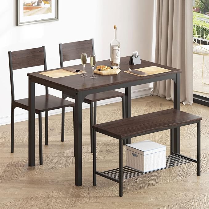 sogesfurniture 4 Piece Dining Table Set, Dining Table Set for 4, Kitchen Dinner Table with Benches for 4, includes Table, 2 Chairs & Bench, Brown - LeafyLoom
