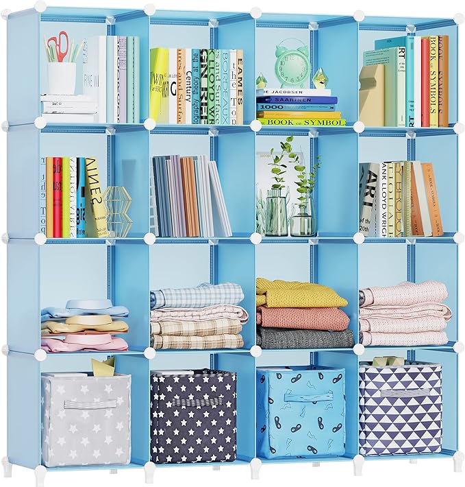 HOMIDEC Cube Storage Organizer 16-Cube Storage Shelf, Closet Organizer for Garment Racks, Closet Organizers and Storage with Metal Hammer, Bookshelf for Kids, (48.4 L x 12.2 W x 48.4 H Inches) - LeafyLoom