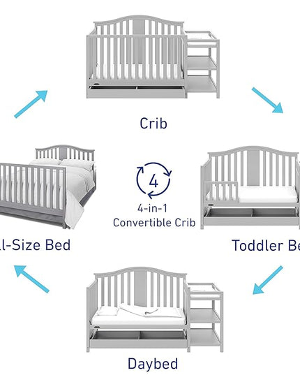 Graco Solano 4-in-1 Convertible Crib and Changer with Drawer (Pebble Gray) – Crib and Changing Table Combo with Drawer, Includes Changing Pad, Converts to Toddler Bed, Daybed and Full-Size Bed - LeafyLoom