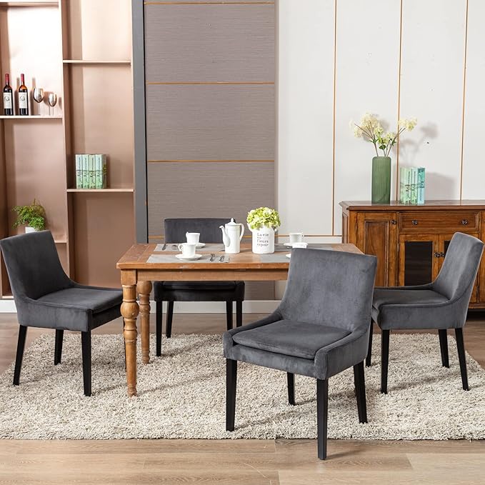 COLAMY Modern Dining Chairs Set of 4, Upholstered Corduroy Accent Side Leisure Chairs with Mid Back and Wood Legs for Living Room/Dining Room-Grey - LeafyLoom