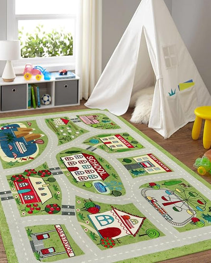 LIVEBOX Green Kids Playroom Rug, 5'x7' Washable Road Rug for Kids Room, Non-Slip Soft Car Rug Play Mat for Baby Nursery, Large City Traffic Rug Classroom for Boys Girls Dorm Toy Room Tent - LeafyLoom