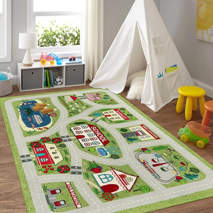 LIVEBOX Green Kids Playroom Rug, 5'x7' Washable Road Rug for Kids Room, Non-Slip Soft Car Rug Play Mat for Baby Nursery, Large City Traffic Rug Classroom for Boys Girls Dorm Toy Room Tent - LeafyLoom