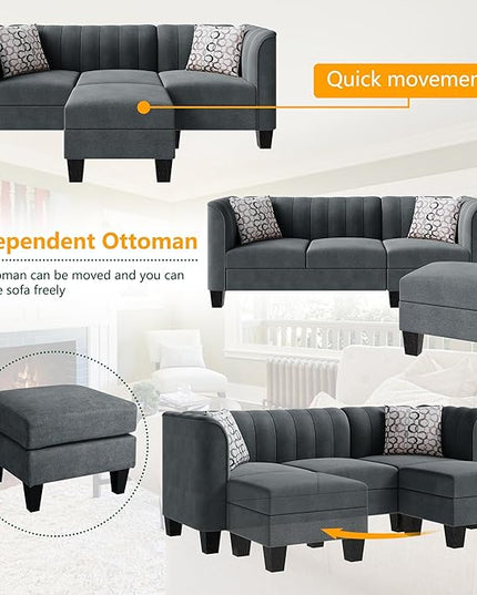 Shintenchi Upgraded Convertible Sectional Sofa Couch, 3 Seat L Shaped Sofa with High Armrest Linen Fabric Small Couch Mid Century for Living Room, Apartment and Office (Dark Grey) - LeafyLoom