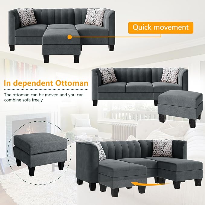 Shintenchi Upgraded Convertible Sectional Sofa Couch, 3 Seat L Shaped Sofa with High Armrest Linen Fabric Small Couch Mid Century for Living Room, Apartment and Office (Dark Grey) - LeafyLoom