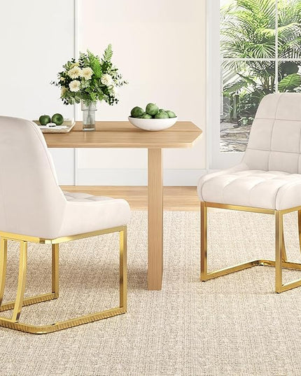 STARY Upholstered Velvet Armless Dining Room Chairs with Gold Metal Legs for Kitchen Restaurant, Beige- Set of 4 - LeafyLoom