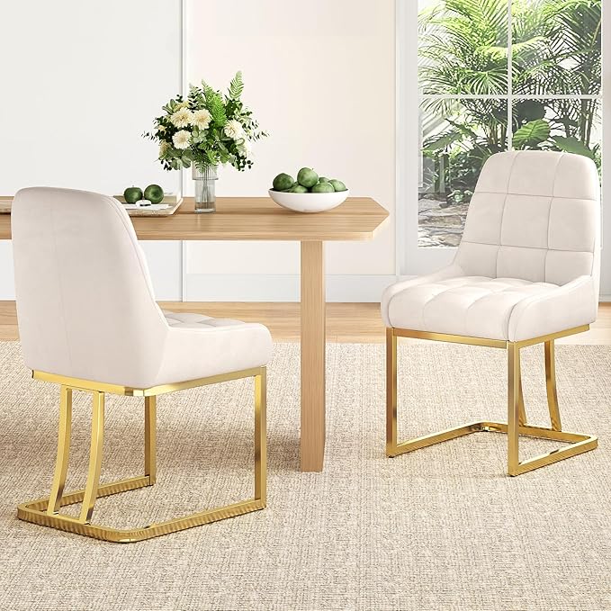 STARY Upholstered Velvet Armless Dining Room Chairs with Gold Metal Legs for Kitchen Restaurant, Beige- Set of 2 - LeafyLoom