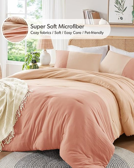 Pink King Size Comforter Set - Modern Farmhouse Soft Comforter Sets for Women, Colorblock Pattern Bed Sets for All Season, 3 Pieces includes 1 Comforter, 2 Shams (104"x 90") - LeafyLoom