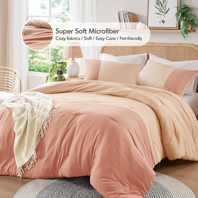 Pink Twin Comforter Set - Modern Soft Farmhouse Bedding for Teen Girls, Kids Colorblock Pattern Bed Sets for All Season, 2 Pieces includes 1 Comforter, 1 Sham (66"x 90") - LeafyLoom