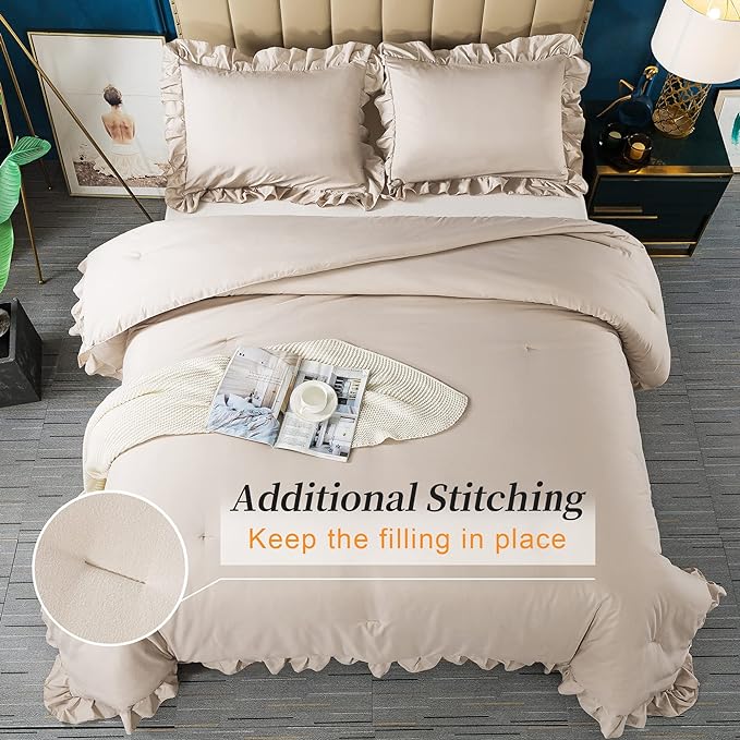 Andency Khaki Comforter King Size(104x90Inch), 3 Pieces Farmhouse Shabby Chic Bedding Comforters & Sets, All Season Soft Lightweight Down Alternative Bed Set for Men Women - LeafyLoom