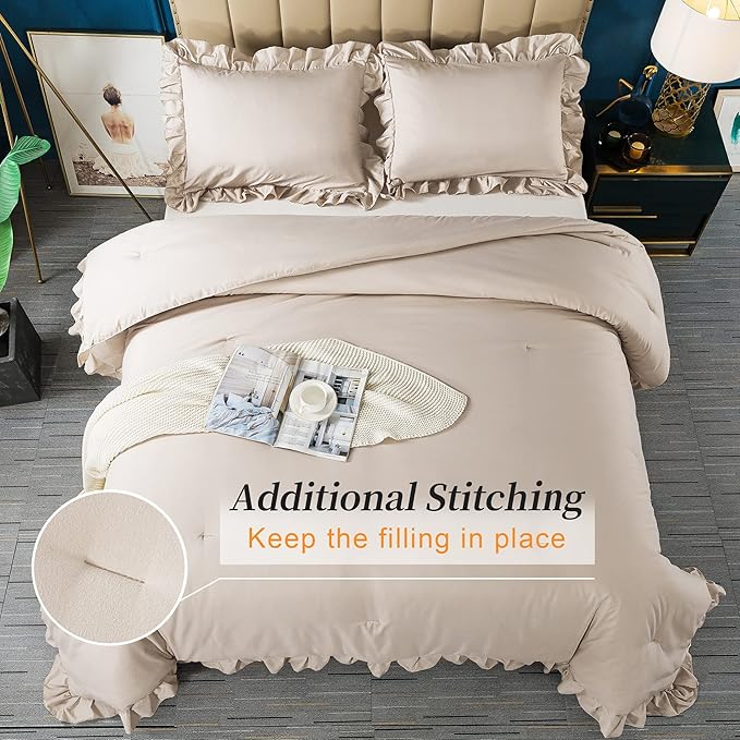 Andency Khaki Queen Comforter Set, 3 Pieces Farmhouse Shabby Chic Bedding Set for Queen Bed, All Season Soft Lightweight Microfiber Bed Set for Men Women - LeafyLoom