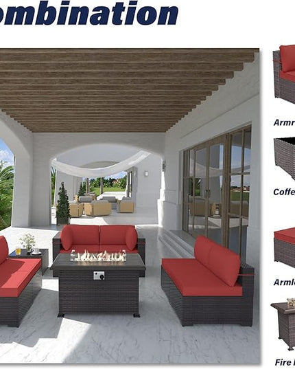 Patio Furniture Set with Fire Pit Table 8 PCS Outdoor Sectional Furniture Outdoor Rattan Patio Conversation Sets with 43in 55,000 BTU Propane Gas Fire Pit Table Glass Table, Red - LeafyLoom