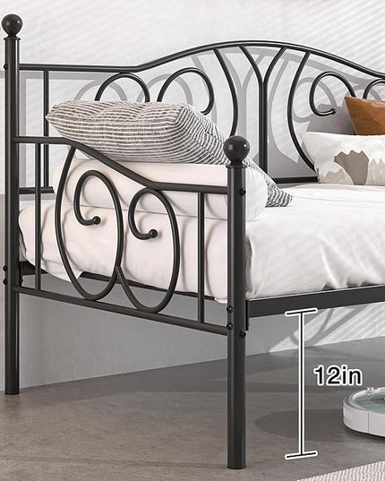 VECELO Twin Daybed Frame, Metal Day Bed with Classic Headboard, Multifunctional Platform Beds for Bedroom, Living Room, Guest Room, No Boxing Spring Needed, Black - LeafyLoom