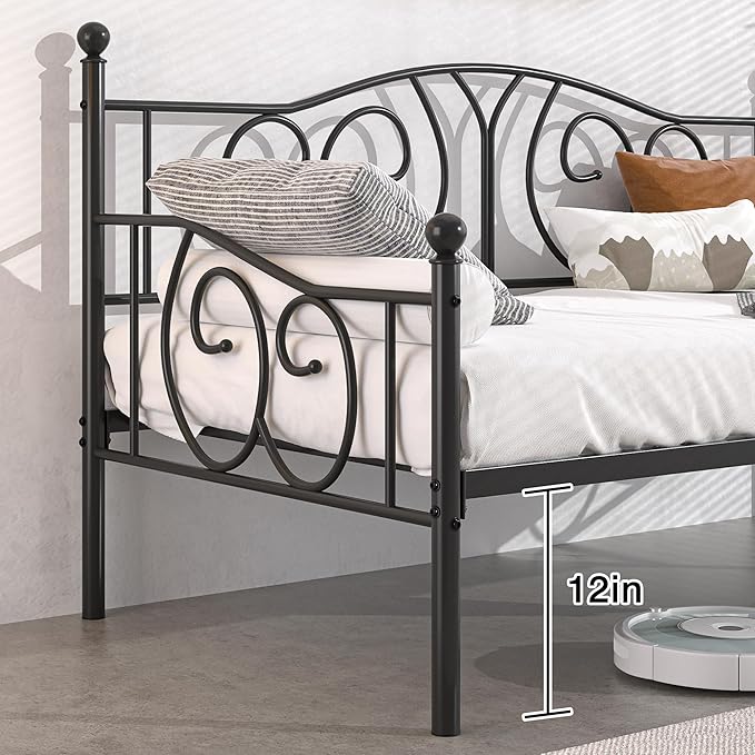 VECELO Twin Daybed Frame, Metal Day Bed with Classic Headboard, Multifunctional Platform Beds for Bedroom, Living Room, Guest Room, No Boxing Spring Needed, Black - LeafyLoom
