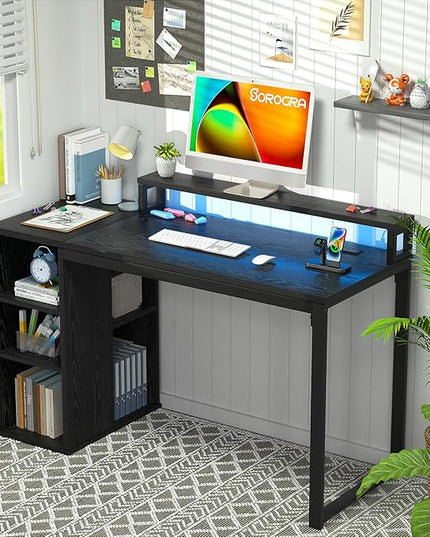 Computer Desk with LED Lights and Power Outlets 47 inch Gaming Desk with Storage Shelves, Small Home Office Desk with Monitor Stand for Bedroom,Workstation, Black - LeafyLoom