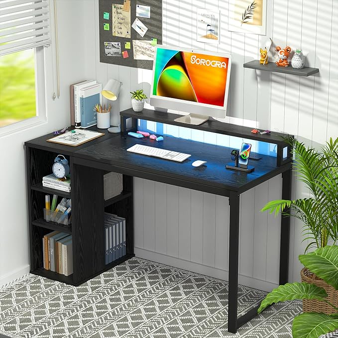 Computer Desk with LED Lights and Power Outlets 47 inch Gaming Desk with Storage Shelves, Small Home Office Desk with Monitor Stand for Bedroom,Workstation, Black - LeafyLoom