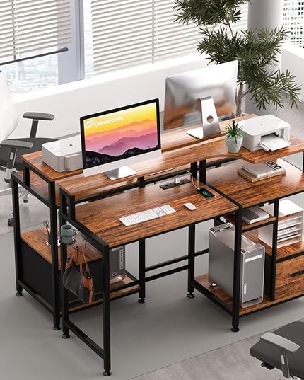 GreenForest 55 inch Computer Desk with Drawers and Outlets, Home Office Desk with Storage and Printer Shelf, Work Desk with Fabric File Drawer, Study Desk with Monitor Stand, Computer Table, Walnut - LeafyLoom