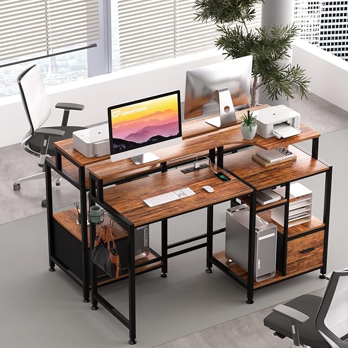 GreenForest 55 inch Computer Desk with Drawers and Outlets, Home Office Desk with Storage and Printer Shelf, Work Desk with Fabric File Drawer, Study Desk with Monitor Stand, Computer Table, Walnut - LeafyLoom