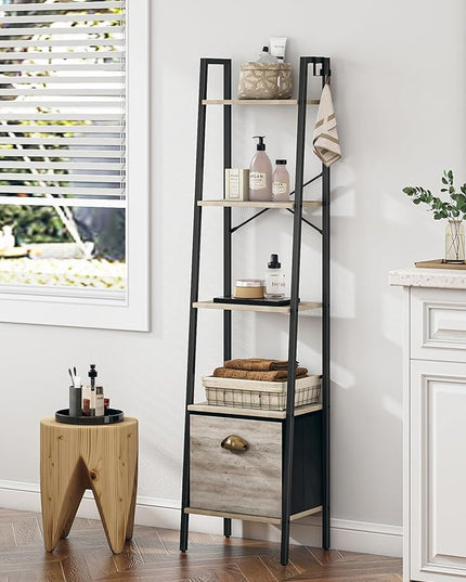 Narrow Bookshelf Bookcase with Drawer, Ladder Shelf with 2 Hooks, Bookshelves Storage Organizer, Freestanding Display Standing for Home Office, Bedroom, 5 Tier Greige BC19505B - LeafyLoom