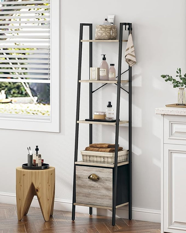 Narrow Bookshelf Bookcase with Drawer, Ladder Shelf with 2 Hooks, Bookshelves Storage Organizer, Freestanding Display Standing for Home Office, Bedroom, 5 Tier Greige BC19505B - LeafyLoom