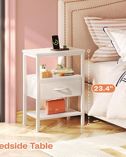 SUPERJARE Nightstand Set of 2, Bed Side Tables with Charging Station, Adjustable Fabric Drawer, Night Stand for Bedroom, 3-Tier Storage End Tables, White - LeafyLoom