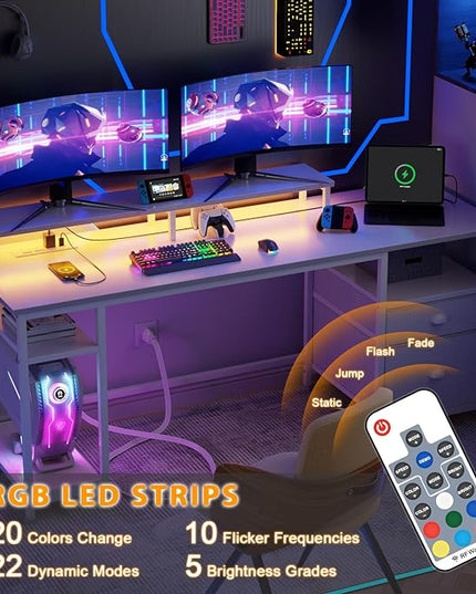 Furologee 61" Desk with LED Light & Power Outlets, Reversible Computer Desk with File Cabinet & Drawer, White Gaming Desk Writing Table with Dual Monitor Stand, for Home/Office/White - LeafyLoom