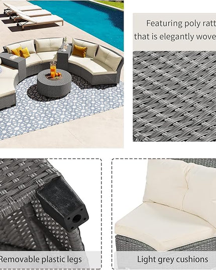Outdoor 9 Pieces Patio Furniture Half Moon Wicker Sofa Sets, Fan-Shaped Curved Sectional Couch with Coffee Table&Beige Cushions, 1, Gray Rattan - LeafyLoom