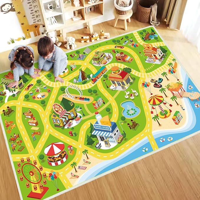 Kids Car Rug Play Mat for Playroom- 47"x 71" Non Slip Washable Kids Road Rug for Cars- Large Kids Educational Rug Ideal Gift for Toddler Classroom Boys Girls Bedroom Decor(Green) - LeafyLoom
