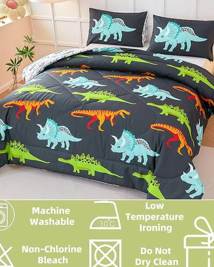 RYNGHIPY Dinosaur Bedding Set Queen Size Dinosaur Kids Comforter Set for Boys Girls Soft Breathable Cute Dinosaur Bed Set for All Season (Black,Queen) - LeafyLoom