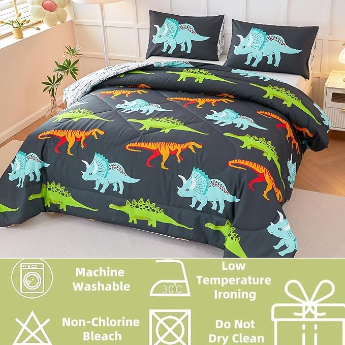 RYNGHIPY Dinosaur Bedding Set Queen Size Dinosaur Kids Comforter Set for Boys Girls Soft Breathable Cute Dinosaur Bed Set for All Season (Black,Queen) - LeafyLoom