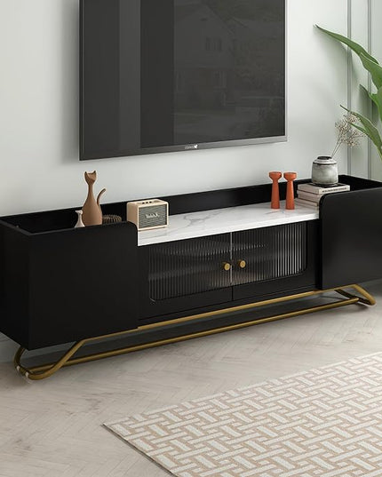 LUSAPZ Sleek Design TV Stand,Modern TV Stand with Fluted Glass,for TVs Up to 70 Inch,Faux Marble Top TV Console Table with Gold Frame Base,Ideal for Living Room (Black) - LeafyLoom