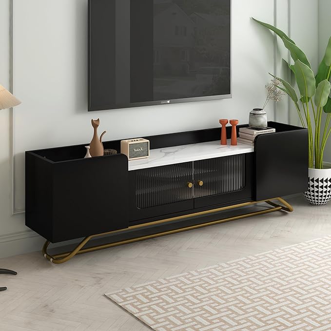 LUSAPZ Sleek Design TV Stand,Modern TV Stand with Fluted Glass,for TVs Up to 70 Inch,Faux Marble Top TV Console Table with Gold Frame Base,Ideal for Living Room (Black) - LeafyLoom