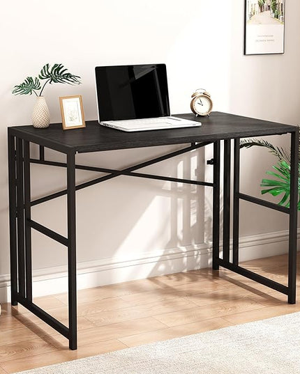 Folding Small Computer Desk, Foldable Space-Saving Home Office Table, Simple Study Writing Gaming Workstation for Small Space, No Assembly Needed, Black - LeafyLoom