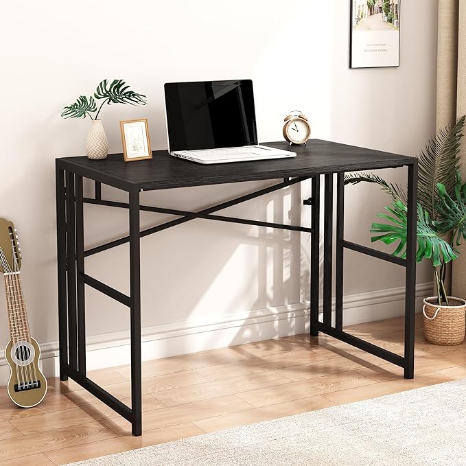 Folding Small Computer Desk, Foldable Space-Saving Home Office Table, Simple Study Writing Gaming Workstation for Small Space, No Assembly Needed, Black - LeafyLoom
