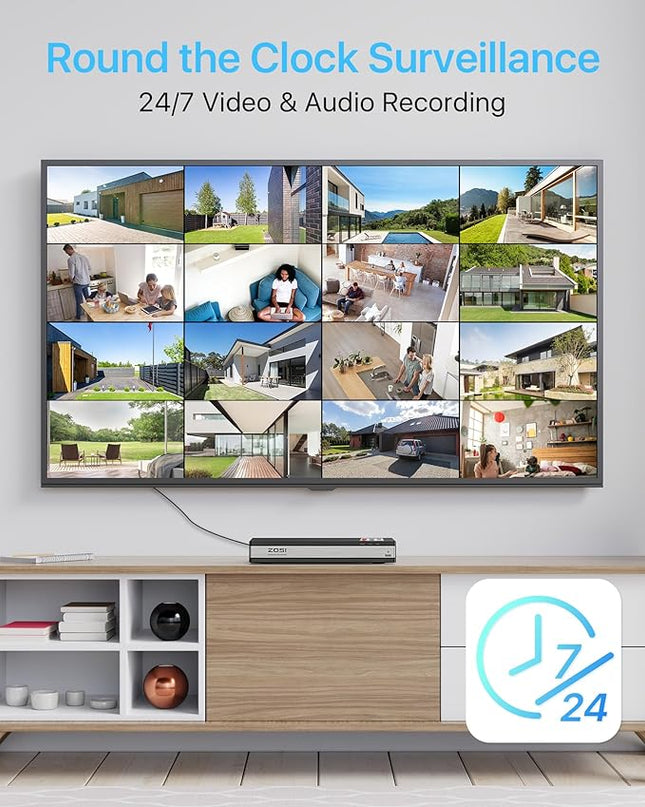 ZOSI 16CH 4K PoE Security Camera System with Person Vehicle Detection,2 Way Audio,Color Night Vision,16Channel 8MP PoE NVR Recorder with 4TB HDD,8pcs 5MP Indoor Outdoor IP Cameras,for 24/7 Recording ZOSI