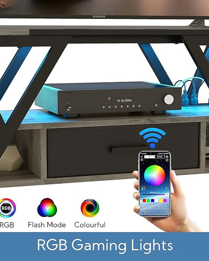 Yusong 65 inch LED TV Stand, Entertainment Center Gaming TV Table with Outlets, Up to 65" Media Console for Living Room, 29+DIY Dynamic RGB Modes, Greige and Black - LeafyLoom