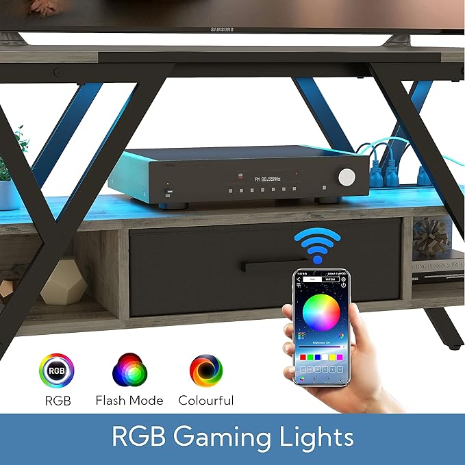 Yusong 65 inch LED TV Stand, Entertainment Center Gaming TV Table with Outlets, Up to 65" Media Console for Living Room, 29+DIY Dynamic RGB Modes, Greige and Black - LeafyLoom