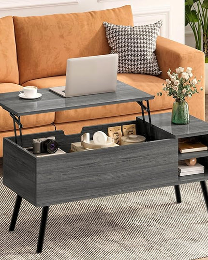 Lift Top Coffee Table with Storage, Oak Grey Coffee Table with Lifting Top, Hidden Compartment and Open Shelves, Mid-Century Modern Wood Coffee Table for Living Room, Small Space - LeafyLoom