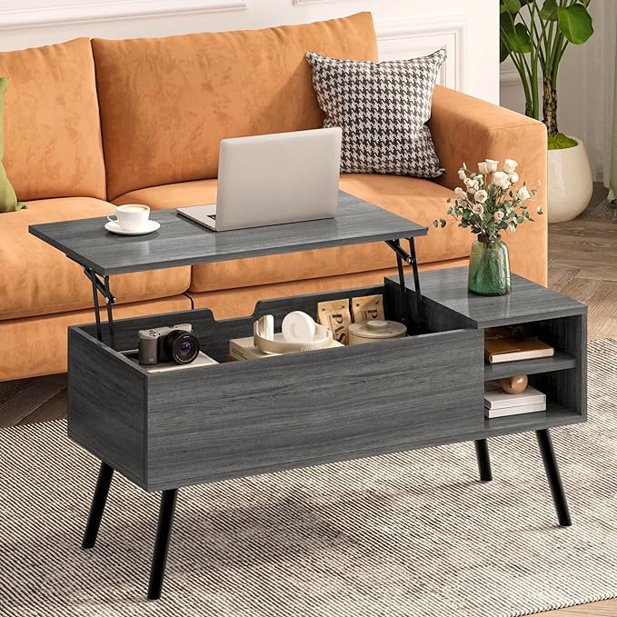 Lift Top Coffee Table with Storage, Oak Grey Coffee Table with Lifting Top, Hidden Compartment and Open Shelves, Mid-Century Modern Wood Coffee Table for Living Room, Small Space - LeafyLoom