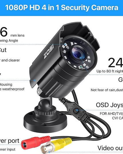 ZOSI 2.0MP 1080P HD 1920TVL Security Camera Hybrid 4-in-1 TVI/CVI/AHD/960H CVBS CCTV Camera Outdoor Indoor,80ft IR Night Vision,Weatherproof Bullet Camera For analog Surveillance DVR(Black) ZOSI