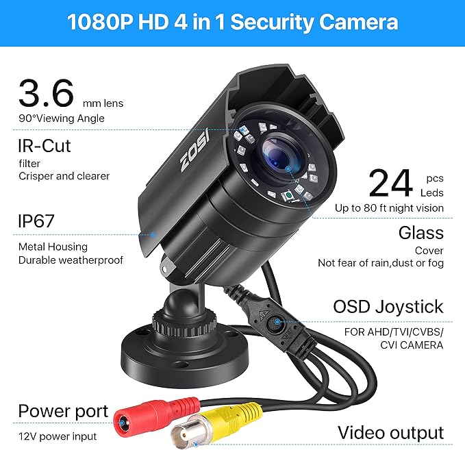 ZOSI 2.0MP 1080P HD 1920TVL Security Camera Hybrid 4-in-1 TVI/CVI/AHD/960H CVBS CCTV Camera Outdoor Indoor,80ft IR Night Vision,Weatherproof Bullet Camera For analog Surveillance DVR(Black) ZOSI