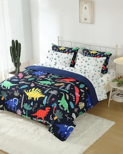 Kids Boys Dinosaur Comforter Set Full Size 7 Piece Bed in a Bag Colorful Dino Bedding Set for Child Teens (1 Comforter, 1 Flat Sheet, 1 Fitted Sheet, 2 Pillow Shams, 2 Pillowcases) - LeafyLoom