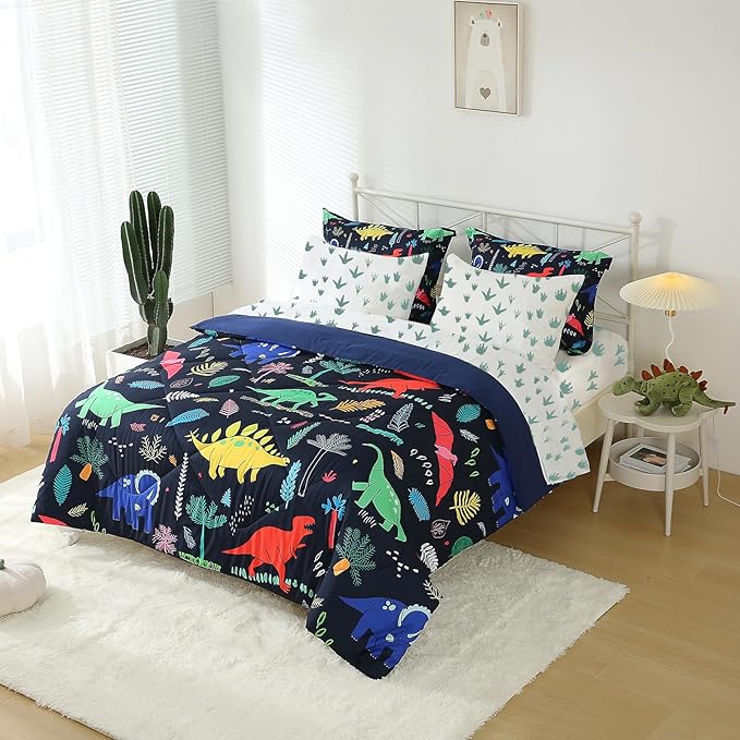 Kids Boys Dinosaur Comforter Set Full Size 7 Piece Bed in a Bag Colorful Dino Bedding Set for Child Teens (1 Comforter, 1 Flat Sheet, 1 Fitted Sheet, 2 Pillow Shams, 2 Pillowcases) - LeafyLoom