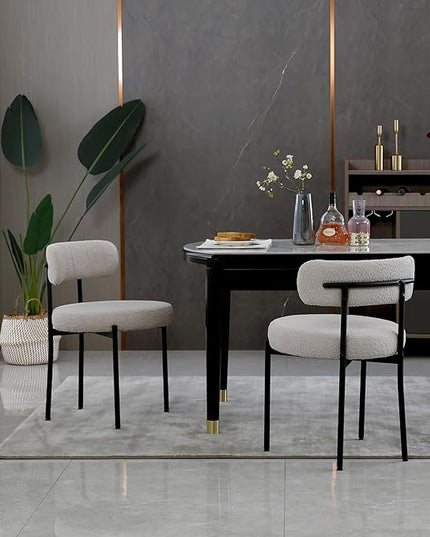 Light Grey Dining Chairs Set of 2 Round Upholstered Boucle Dining Room Chairs Mid-Century Modern Kitchen Chairs Curved Backrest Chairs for Dining Room Black Metal Legs - LeafyLoom