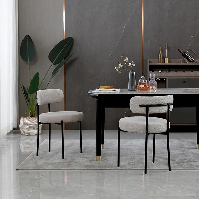 Light Grey Dining Chairs Set of 2 Round Upholstered Boucle Dining Room Chairs Mid-Century Modern Kitchen Chairs Curved Backrest Chairs for Dining Room Black Metal Legs - LeafyLoom