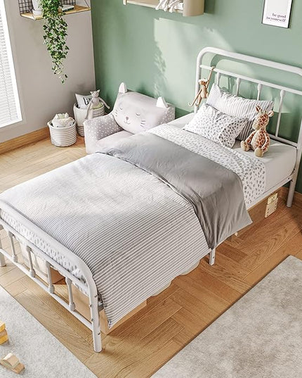 Vintage Twin Size Bed Frame with Headboard and Footboard Mattress Heavy Duty Metal Platform Bed Frame Steel Slat Support (Twin, White) - LeafyLoom