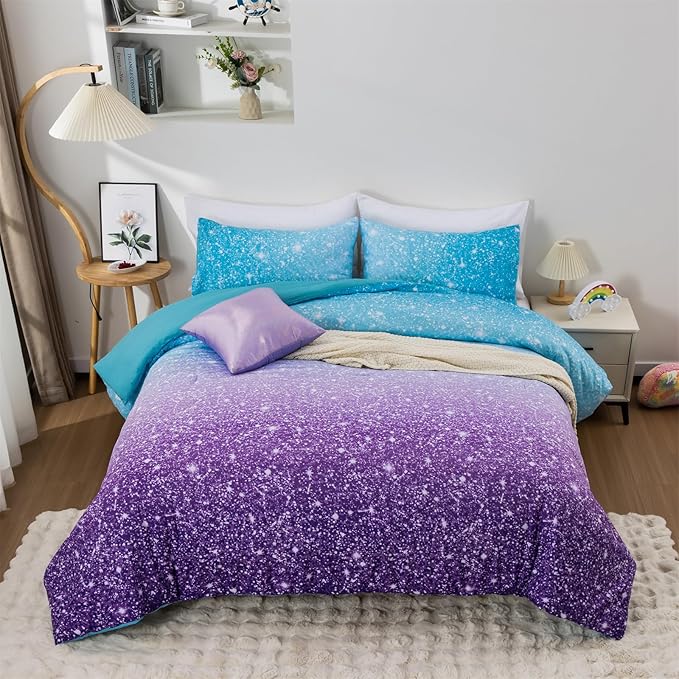 Holawakaka Kids Space Star Glitter Comforter Set Queen Size Girls Ombre Blue & Purple Print Gradient Teens Bedding Set Teens Galaxy Bed Sets (Blue Purple, Queen) - LeafyLoom