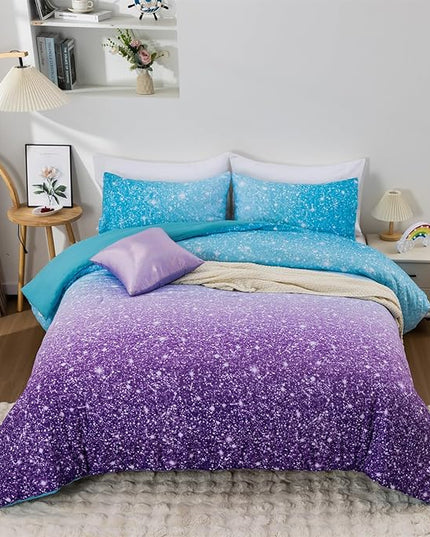 Holawakaka Kids Space Star Glitter Comforter Set Queen Size Girls Ombre Blue & Purple Print Gradient Teens Bedding Set Teens Galaxy Bed Sets (Blue purple, Full) - LeafyLoom