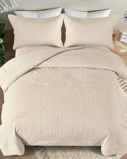 WONGS BEDDING Khaki Comforter Set Queen Size(90“×90”), Boho Geometric Textured Bedding Comforter Sets - 3 Pieces Reversible Soft Microfiber Ultrasonic Bedding with 2 Pillowcases - LeafyLoom