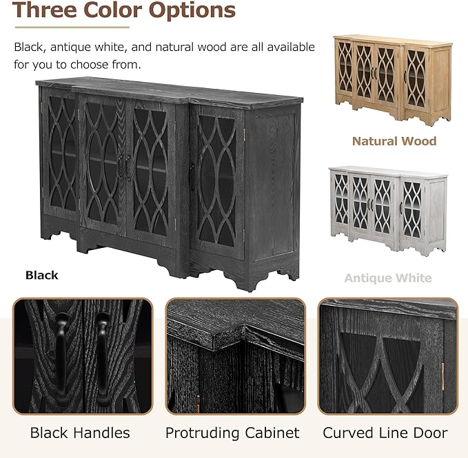 58" Retro Sideboard Glass Door with Curved Line Design,Wood Ample Storage Cabinet,W/Black Handle and Three Adjustable Shelves,for Dining Living Room Entryway - LeafyLoom