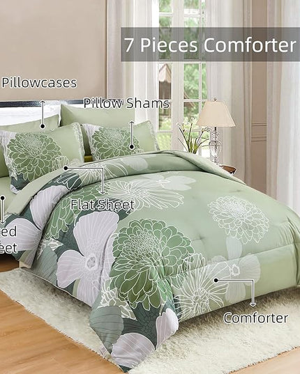 Yiran 7 Pieces Bed in a Bag Green Comforter Set Queen Floral Comforter Soft Microfiber Bedding Set with 1 Comforter 1 Flat Sheet 1 Fitted Sheet 2 Pillowshams and 2 Pillowcases - LeafyLoom
